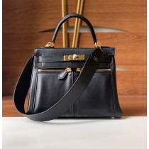 Hermes Lakis Kelly Bag Swift Leather Toile Gold Plated 28CM Black