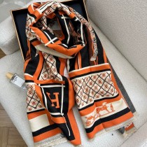 Hermes Scarf Wraps Cashmere Check Pattern Orange/Pink
