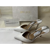 Jimmy Choo Saeda 100mm Ivory Satin Pumps with Crystal Embellishment
