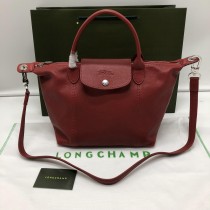 Longchamp Le Pliage Cuir Leather Top Handle Bag Dark Red