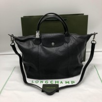 Longchamp Le Pliage Cuir Medium Top Handle Bag Black