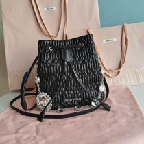 Miu Miu Crystal-Embellished Matelassé Bucket Bag Black