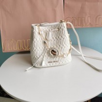 Miu Miu Crystal-Embellished Matelassé Bucket Bag White