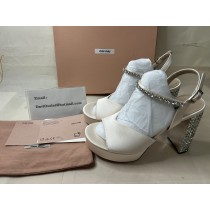 Miu Miu Crystal Embellished 125mm Satin Platform Sandals Peach