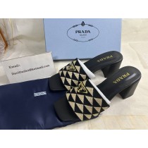 Prada Embroidered Fabric Heeled Sandals 65mm in Black and Beige