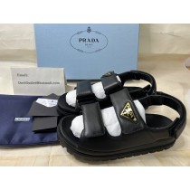 Prada Nappa Leather Sandals Triangle Logo Flat Black