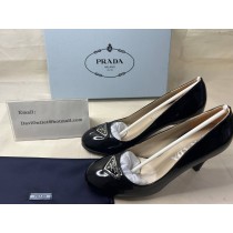 Prada Round Toe Patent Leather Pumps 85mm Logo Embossed Black