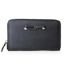 Prada Saffiano Zippy Wallet With Bow Detail Black