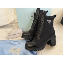 Prada Spazzolato Re-Nylon Boots Metal Triangle Logo 75mm Leather Black