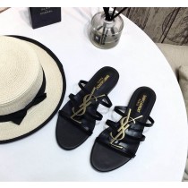 Saint Laurent Cassandra Flat Sandals Smooth Leather Black