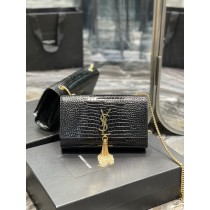 Saint Laurent Kate Chain Bag Crocodile Embossed Leather Black