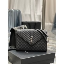 Saint Laurent Large Envelope Chain Bag Grain De Poudre Embossed Black Silver Hardware
