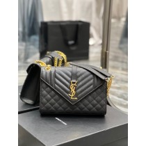Saint Laurent Medium Envelope Chain Bag Grain De Poudre Embossed Black Gold Hardware