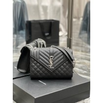 Saint Laurent Medium Envelope Chain Bag Grain De Poudre Embossed Black Silver Hardware