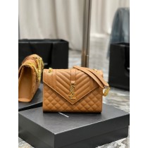Saint Laurent Medium Envelope Chain Bag Grain De Poudre Embossed Brown