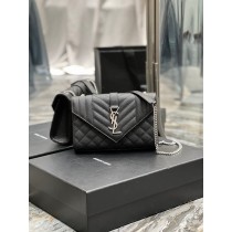 Saint Laurent Small Envelope Chain Bag Grain De Poudre Embossed Black Silver Hardware