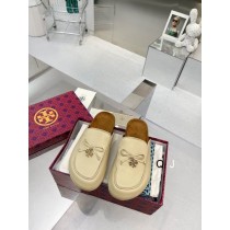 Tory Burch Leather Tory Charm Mule Flats Beige