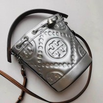 Tory Burch Mini T Monogram Embroidered Bucket Bag Silver