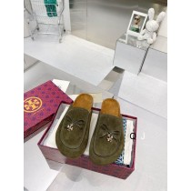 Tory Burch Suede Leather Tory Charm Mule Flats Dark Green