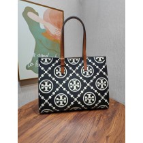 Tory Burch T Monogram Contrast Embossed Tote Black
