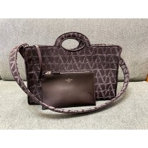 Valentino Garavani Large V Logo Print Embroidered Lambskin Fabric Tote Bag Black