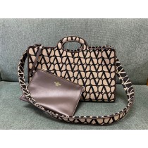 Valentino Garavani Large V Logo Print Embroidered Lambskin Fabric Tote Bag Coffee