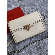 Valentino Garavani Small Rockstud Grainy Calfskin Crossbody Bag White