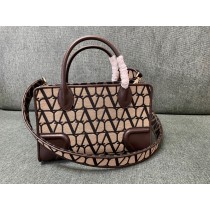 Valentino Garavani Small V Logo Print Embroidered Lambskin Fabric Tote Bag Coffee