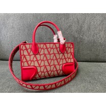 Valentino Garavani Small V Logo Print Embroidered Lambskin Fabric Tote Bag Red