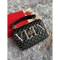 Valentino Garavani VLTN Print Medium Lambskin Rockstud Spike Shoulder Bag Black