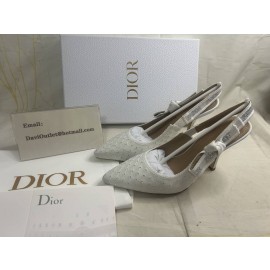 J'Adior Slingback Pump White Embroidered Cotton and Silver